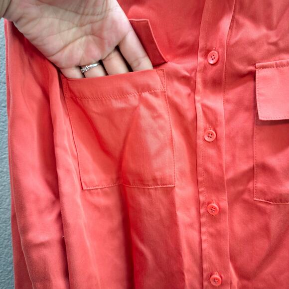 Chico's Rust Red Orange Sand Wash Satin Button Front Pocket Shirt - Size 2 or L - Picture 2 of 8